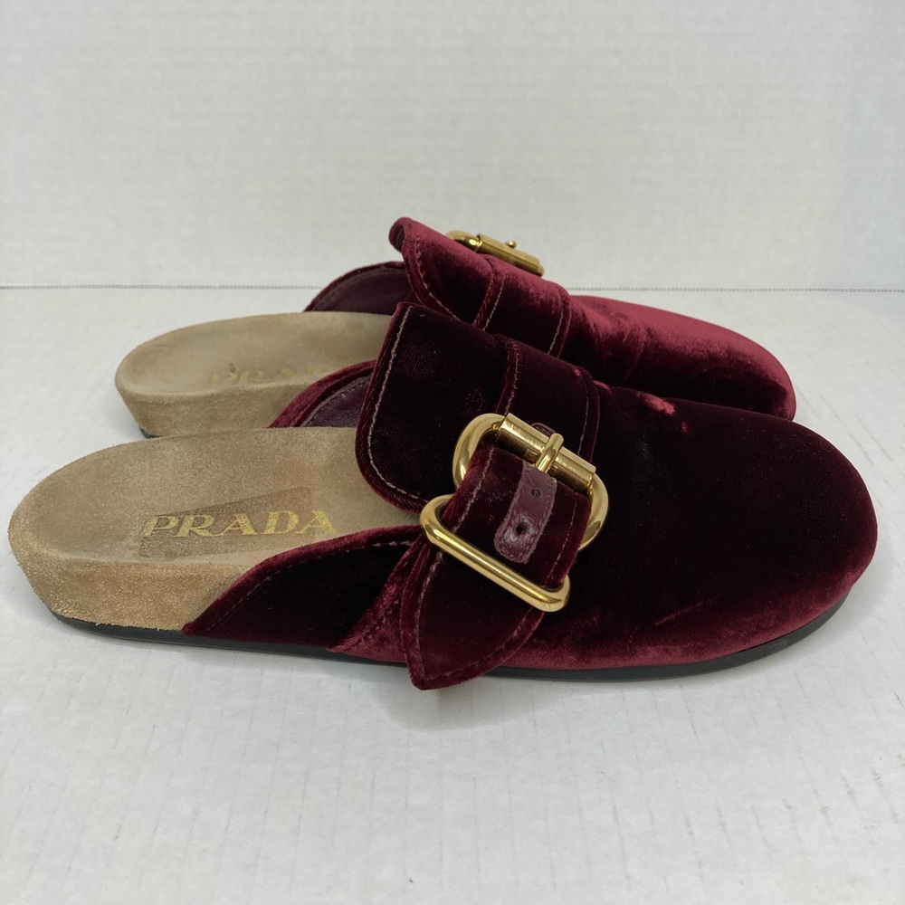 Prada burgundy velvet clogs mules flats
